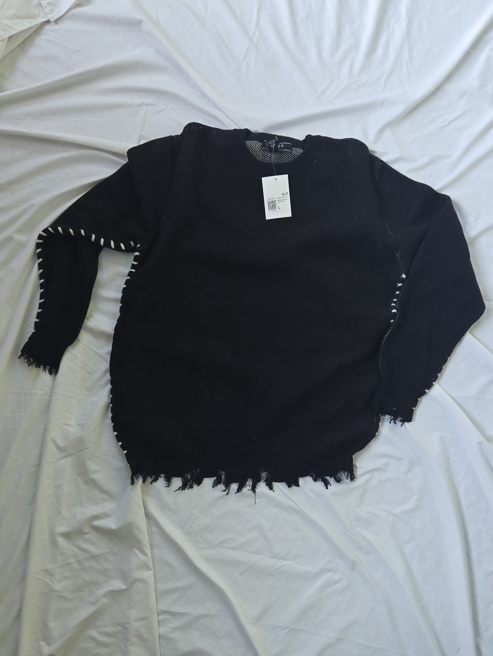 Mens Boho Black Sweater, White Stitching, Fringe OnBottom Of Sleeves & Sweater - Picture 13 of 14